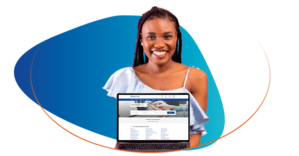 Smiling woman holding a laptop that shows the Michael Page homepage